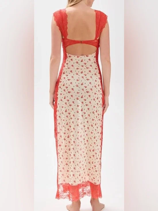 FREE PEOPLE SUDDENLY FINE FLORAL LACE SLIP MAXI DRESS SIDE SLIT NWT SZ XS - Picture 2 of 7